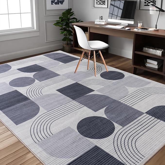 Soft Modern Geometric Abstract Machine Washable Large 6x9 Area Rug | Grey Rugs for Bedroom Living Room, Non-Shedding Faux Wool Indoor Throw Floor Carpet for Office Entryway Dining Room Decor
