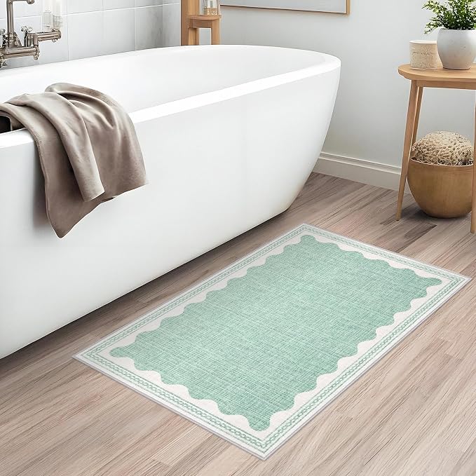 2x3 Scalloped Area Rugs Green Washable Entryway Bedroom Rug | Solid Small Area Rug Non Slip Scalloped Bath Mat, Front Door Mat Indoor Entrance,Soft Girls Nursery Dorm Carpet for Kitchen