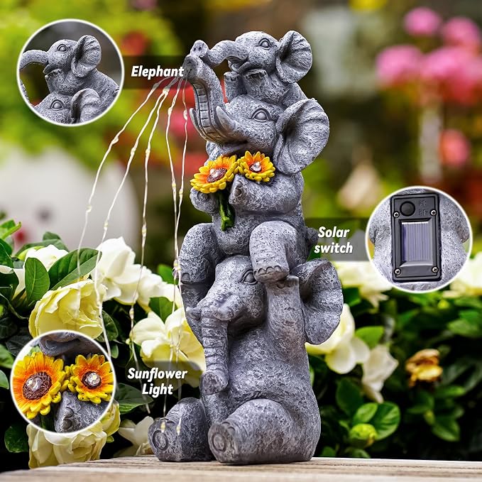 Pohabery Solar Garden Decor Elephant Statue Outdoor, Luck Triple Elephant Decorations for Yard Porch Lawn Patio - Ideal Gifts for Women Mom Grandma Senior Elder or Birthdays 12"