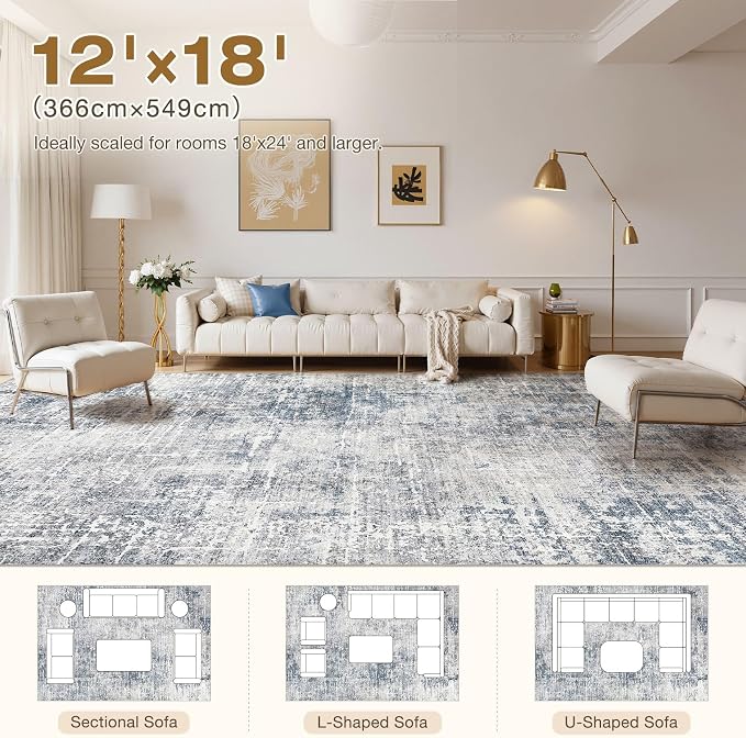 kakania Abstract 12x18 Area Rugs for Living Room: Washable Rugs Blue Grey | Soft, Non-Slip, Low-Pile, Pet & Kid Friendly - Large Modern Home Decor Carpet for Bedroom/Dining Room/Office/Nursery