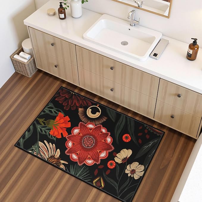 Tyrot Vintage Boho Floral Rug 2x3, Washable Colorful Area Rug, Ultra Thin Flat Woven Low Pile Non Slip Indoor Rug for Entryway, Kitchen, Bathroom, Bedroom, Black Red
