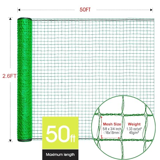 Deer Fence, RIFNY 2.6 x 50 FT Plastic Mesh Fencing Netting for Garden Outdoor Yard, Temporary Fence to Protect Plants Fruit and Ideal for Deer Dogs Chicken (Green)