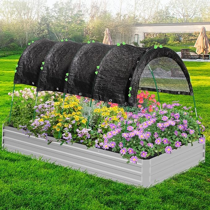 10 X 6.5FT 75% Garden Shade Cloth with Hoops, Plant Shade Cloth Garden Greenhouse Grow Tunnel for Heat Protection, Raised Bed Row Cover Black Netting Tarp for Outdoor Outside Patio Chicken Coops