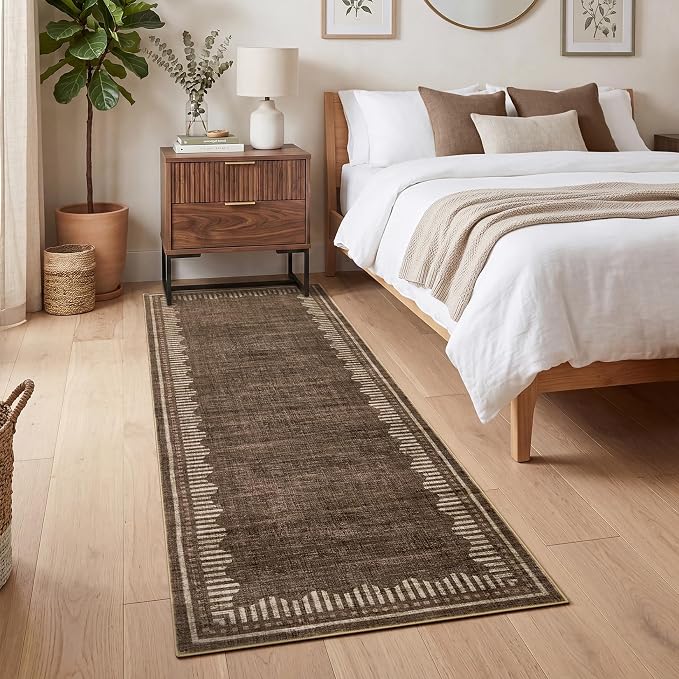 Garvee 2x8 Runner Rug Hallway Kitchen Washable Neutral Solid Brown Runners | Low Pile Stain Resistant Modern Geometric Living Room Bedroom Long Runner Throw Carpet Scalloped Nuesery Entry Area Rugs