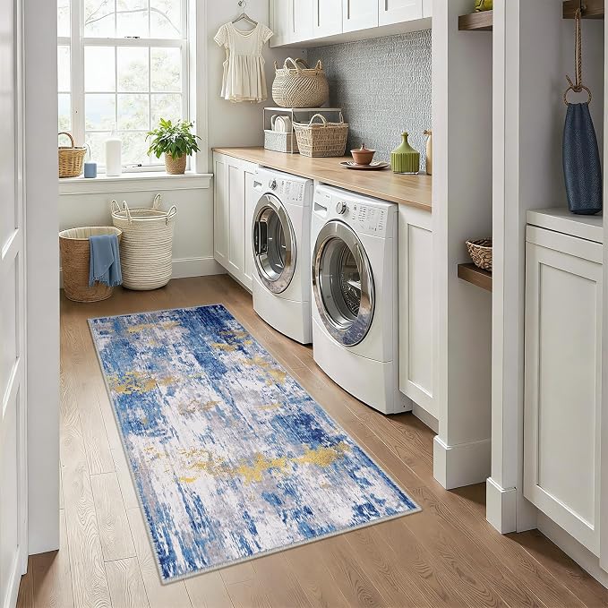 RELEANY Washable Runner 3'x6' Abstract Area Rug for Hallway Blue Gold | Carpet for Kitchen, Entryway, Bathroom, Living Room, Bedroom, Printed Pattern, Non‑Slip, Soft, Stain‑Resistant, Easy to Clean