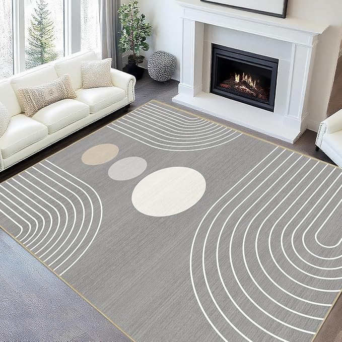 8x10 Area Rug for Living Room Boho Modern Minimalist Geometric Abstract Large Rug Grey Mid Century Modern Machine Washable Non-Slip Printed Low-Pile Indoor Floor Carpet Dining Room Bedroom Gray