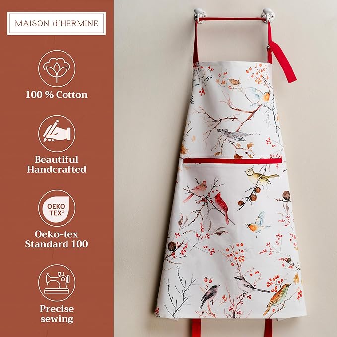 Maison d' Hermine Aprons for women with Pocket 100% Cotton (27.50"x31.50") | Adjustable Neck Strap & long ties Apron Men Chef Wedding Cooking Gardening Server Maid