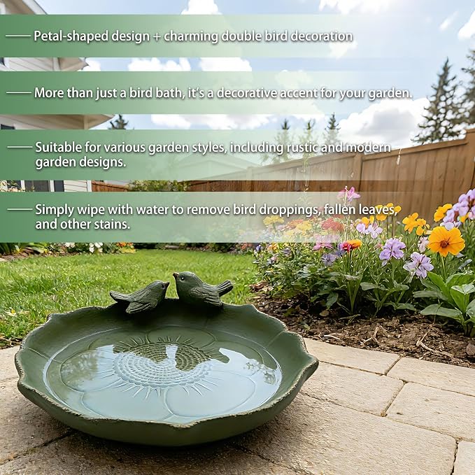 Ceramic Bird Bath for Outside, 9.45 Inch Ground Bird Bath Bowl with Double Bird Design, Outdoor Birdbath for Garden, Tabletop, Deck, Balcony, Lawn (Light Green)