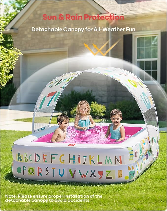 QPAU Baby Pool with Canopy, Inflatable Design, 65 x 39 in, Pink | Inflatable Design with Soft Cushioned Floor, Converts to a Ball Pit for Kids and Toddlers, for Indoor and Backyard Play