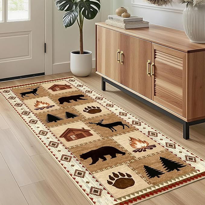 Cabin Bear Deer 2x6 Runner Rug Rustic Lodge Wildlife Hallway Rug Country Farmhouse Western Long Floor Carpet Machine Washable Non-Slip Printed Low-Pile for Kitchen Bedroom Bathroom Laundry