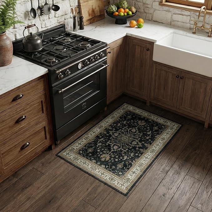 RELEANY Washable Area Rug, Small 2'x4', Black/Vintage/Beige | Non-Slip, Water Repellent, Pet Friendly, Easy to Clean, Vintage Floral Boho Decor for Kitchen Entryway Bathroom