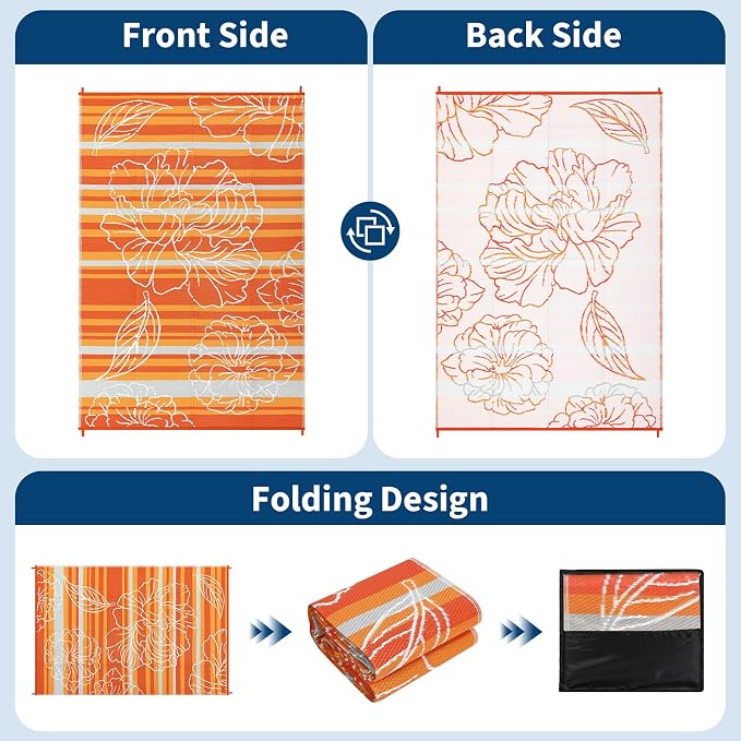 Garvee 9x12 Outdoor Waterproof Rug, Floral Outdoor Area Rug，Reversible Plastic Straw Patio Rug, Portable Camping Mat for RV, Picnic, Beach, Balcony, Garden & Camping Orange
