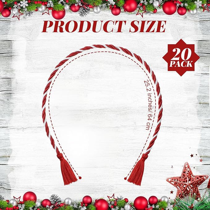 Dingion 20 Pcs Christmas Garland Decorative Banister Ties with Tassel 25.2 Inches Christmas Reusable Twist Ties for Garland Fireplace Staircase Banister Home Xmas Holiday Decorations(Red, White)