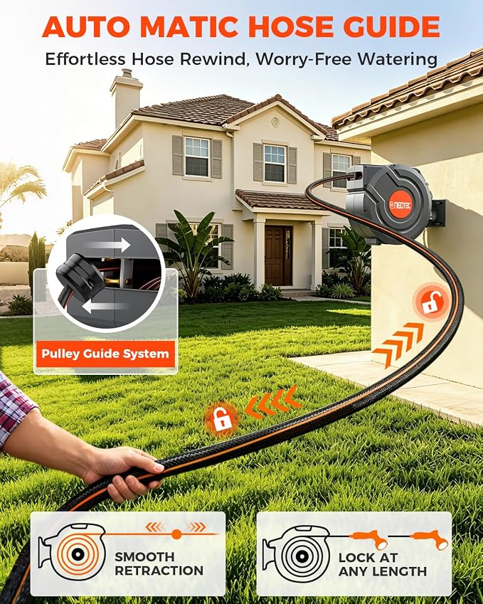 130FT Retractable Garden Hose Reel 1/2 Inch with Metal Bracket & 9-Pattern Nozzle, Automatic Slow Return & Any Length Lock, Wall Mounted Heavy Duty Hose Reels for Outside, 180° Swivel UV Resistant