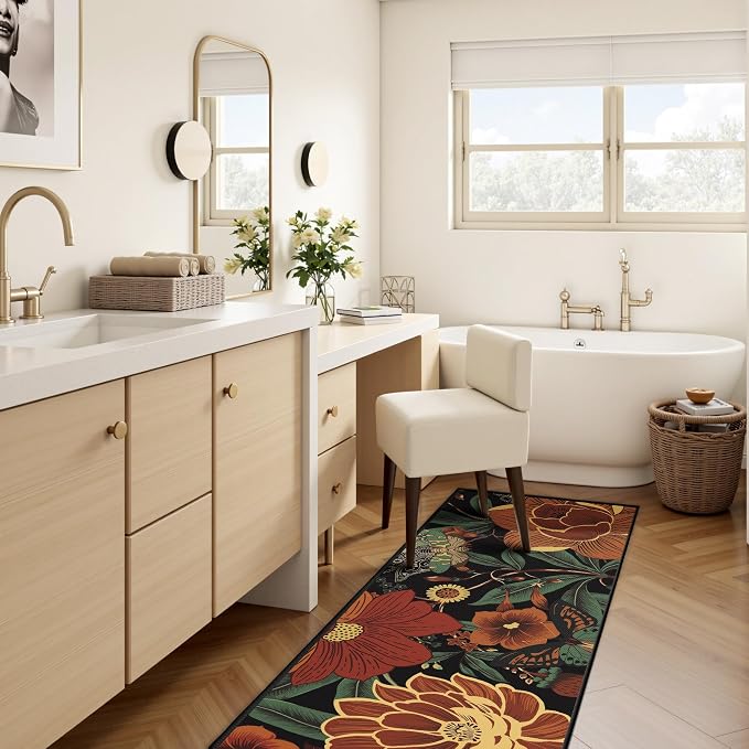 Tyrot Vintage Black Boho Floral 2x6 Washable Kitchen & Hallway Runner Rug Ultra-Thin Flat Woven Low Pile Botanical Runner Rug Non-Slip Indoor Butterfly Runner for Entryway, Laundry, Bathroom Bedroom