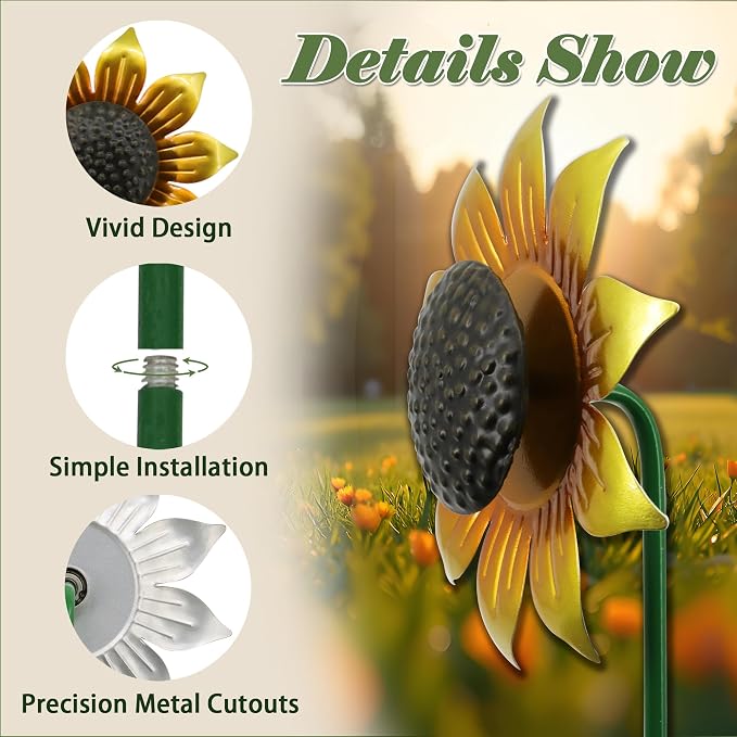 Sunflowers Metal Yard Art Wind Spinners Outdoor Decoration Stakes | 5pcs Lawn Ornaments, Lawn Decorations Garden Stakes, Metal Outside Decor for Flower Garden Decor, Sunflower Gift for Women