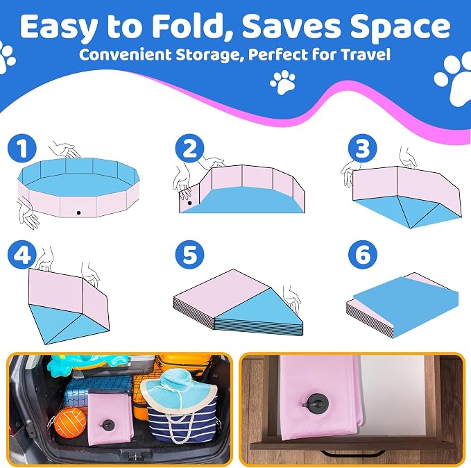 CACSPS 2025 Updated Foldable Dog Pool, 55" x 12" Kiddie Pool with Hard Plastic, Non-Slip Dog Bath Tub for Outdoor Backyard, Collapsible Dog Swimming Pool for Kids Dogs Pets (Pink)