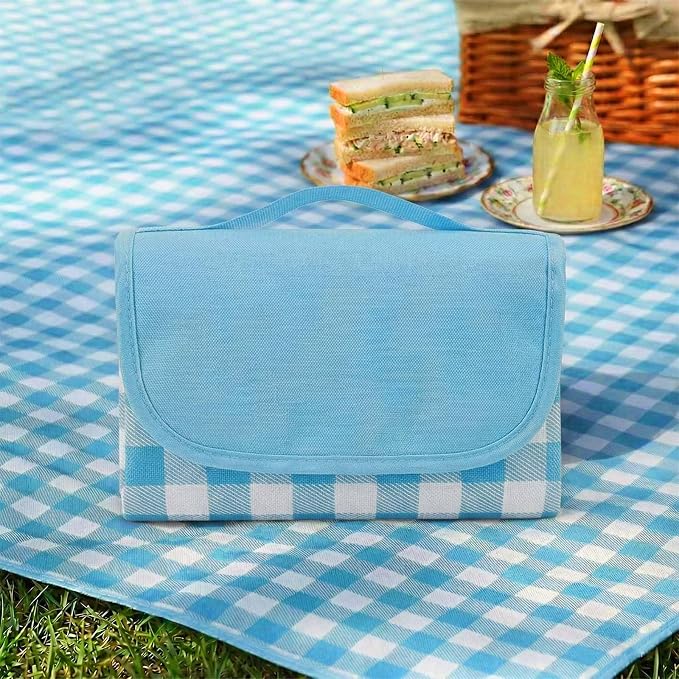 Waterproof Foldable Picnic Blanket Outdoor with Carry Strap,80"X60" Extra Large Beach Blanket Sandproof,Portable Soft Gingham Picnic Mat for Camping Travel Hiking Family Concerts Park(Blue)
