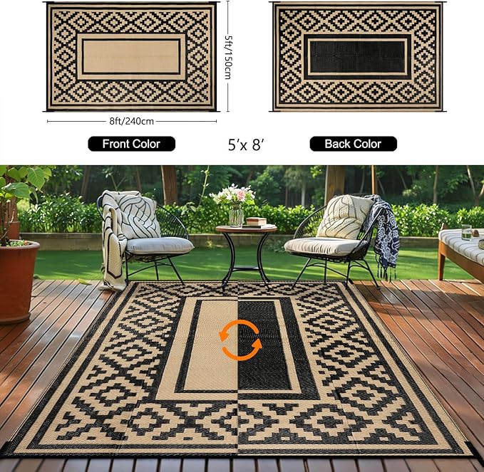 Outdoor Patio Plastic Straw Rug - 5x8 ft Outdoor Camping Rug Waterproof Reversible, Area Carpet Patios RV, Outside Porch Balcony Deck for Camper, Stripe Black Brown