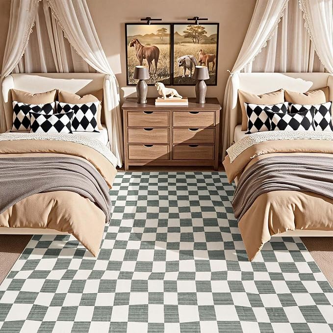 jinchan 6x9 Area Rug Washable Modern Checkered Rug for Kids Room, Grey | Geometric Lattice, Soft, Non-Slip, Floor Carpet, Kitchen, Nursery, Bedroom, Living Room, Dining Room, Nursery, Playroom