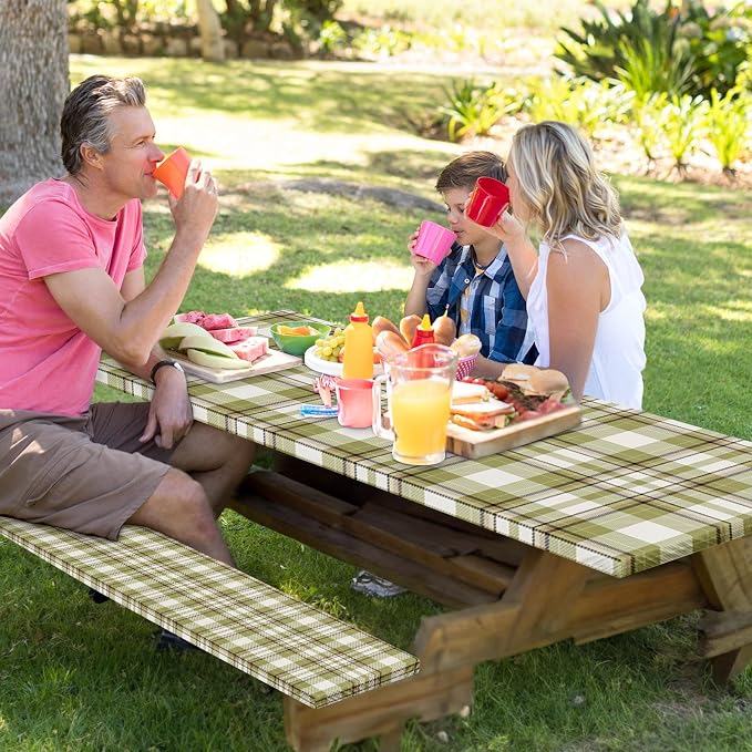 Picnic Table Cover with Bench Covers Elastic Edges, Green Plaid Fitted Table Cover, Outdoor Patio Camping Essentials 72 Inch 3PCS, Waterproof Camping Fitted Tablecloth with Drawstring Bag