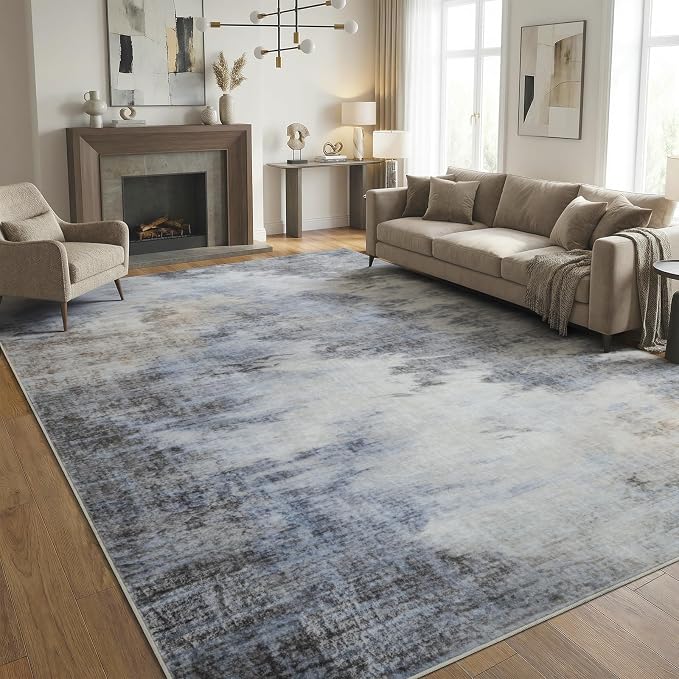 4x6 Modern Abstract Washable Area Rug for Living Room Soft Non-Slip | Low Profile Rugs for Bedroom, Cool Floor Carpet for Dining Room, Office, Kids Nursery Home Decor, Misty Blue Beige Gray
