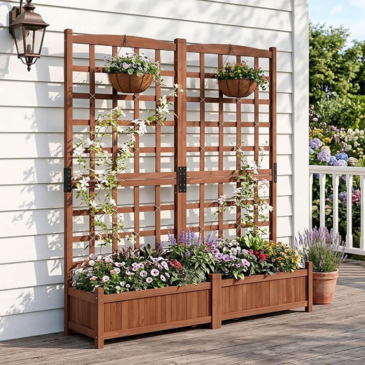 Giantex Wooden Raised Garden Bed with Trellis, Dual Large Planter Boxes for Climbing Plants Vegetables Flowers, Elevated Outdoor Planter w/Drainage Holes & Privacy Screen, Patio Backyard Decoration