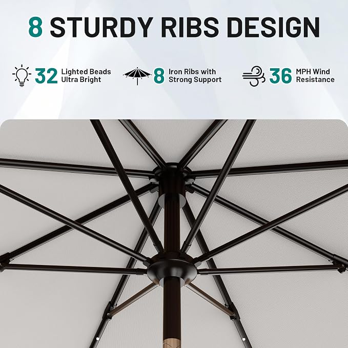 AreShark 9FT Patio Umbrella with Solar Lights, 32 Lighted Pool Umbrella w/Tilt and Crank, Outdoor Market Solar Umbrellas for Garden, Deck, Backyard, Pool and Beach, Cream-White