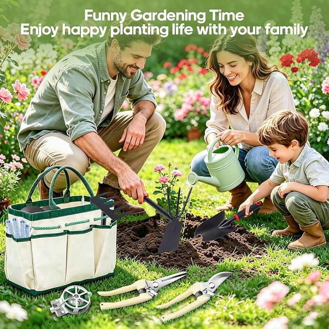 Gardening Tools, Garden Hand Tools for Gardening, with Non-Slip Rubber Grip, Gloves & Storage Tote Bag, 10Pcs Gardening Accessories Set Kit Gifts for Men Women