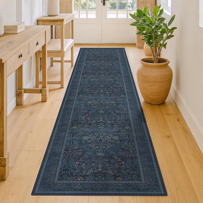 2x10 Extra Long Runner Rugs for Hallways, Non Slip Machine Washable Front Door Runner Indoor Entrance, Nature Floral Design Dark Blue Mats