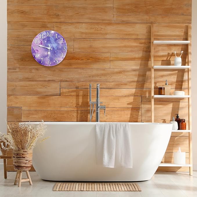 Britimes Round Purple Wall Clock Silent Non-Ticking Battery Operated Glass Decorative Outdoor Waterproof Clock 12 Inch, Galaxy Constellation Home Decor for Living Room, Kitchen, Bathroom, and Bedroom