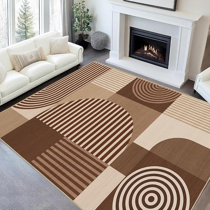 Area Rug 6x9 Living Room Brown Geometric Rug Machine Washable Minimalist Line Mid Century Modern Area Rugs Non Slip Low Pile Large Dining Room Indoor Floor Carpet for Bedroom Office,Brown