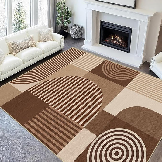 Area Rug 5x7 Brown Geometric Rug for Living Room Machine Washable Minimalist Mid Century Modern Rugs Non Slip Low Pile Large Dining Room Indoor Floor Carpet for Bedroom Kitchen Office,Brown
