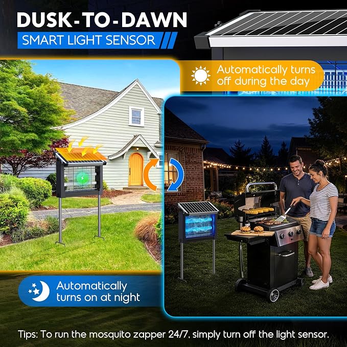 Solar Bug Zapper Outdoor, Mosquito Zapper 4500V Cordless Waterproof, Auto On/Off, Portable Type-C & Solar Powered Bug Zapper, Electric Mosquito Trap Fly Zapper Killer for Patio Garage Yard Camping