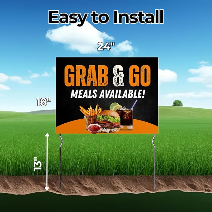 Grab-and-Go Meals Available! Yard Sign by DC | 24"x18" Double Sided Conv. Store Garden Sign with 13” Metal Stakes | Outdoor Signs Waterproof for Lawn, Patio, Sidewalk & House | Set of 1 | Made in USA