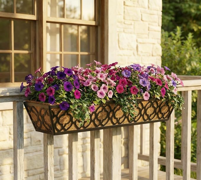 Y&M 4Pcs 30'' Railing Planter Box Set with Coconut Coir Liner, Flower Boxes with Adjustable Brackets, Large Metal Hanging Window Boxes for Fence, Deck, Balcony, and Outdoor Garden