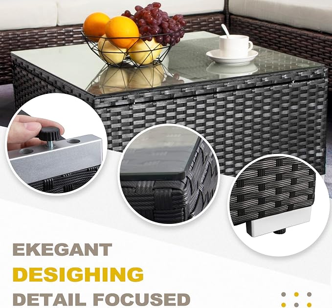 DIMAR GARDEN Outdoor Coffee Table Wicker Patio Side Table with Glass Top,25.2in Black