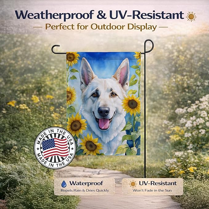 Caroline's Treasures DAC6083GF White German Shepherd in Sunflowers Garden Flag Mailbox Flag Decorative Yard Flag Banner Outside Patio Artwork Yard Flower Beds, Garden Size, Multicolor