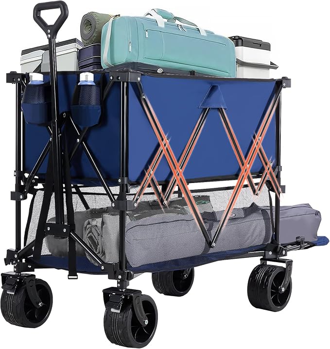 DUMOS 440LBS Heavy Duty Double Decker Wagon Cart with Extender, 400L Large Capacity Collapsible Folding Wagons with Brakes, Adjust Handle, All-Terrain Big Wheels for Garden Shopping Camping - Blue
