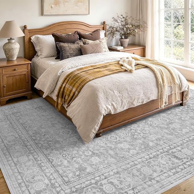 4x6 Ft Area Rugs for Living Room, Soft Non-Slip Machine Washable Rug, Vintage Stain Resistant Carpets for Bedroom Nursery Dining Room Home Decor (Grey)
