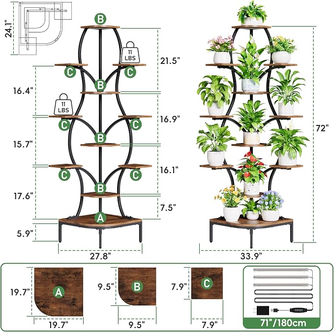 LATIBELL 72'' Tall Corner Plant Stand Indoor with Grow Light - 11 Tiered Metal Plant Shelf for Indoor Plants, Curved Display Rack Capable of Holding Large Pots in Living Room, Patio & Balcony, Black