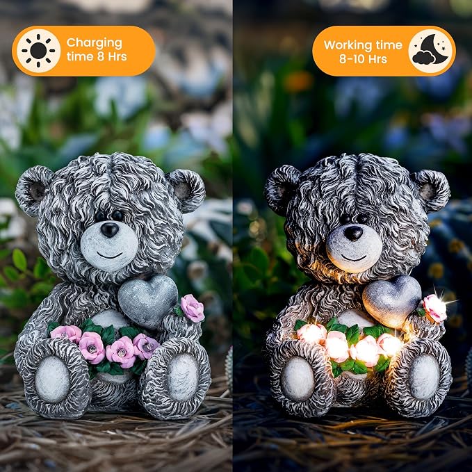 YDKOJGW Solar Garden Outdoor Statues Bear with Heart and Pink Flower and 5 LED Lights-Lawn Decor Bear Statue for Patio, Balcony, Yard Ornament-Unique Housewarming Gifts for Mom, Women