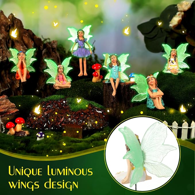 RattanView 6 Pcs Luminous Fairy Figurines Miniatures Resin Fairies Figurines Garden Accessories Small Vintage Luminous Fairy Statues for Outdoor Yard Garden Home Decorations