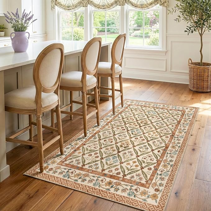 jinchan 4x6 Vintage Floral Washable Non Slip Bedroom Area Rug, Terracotta | Soft & Lightweight, Checkered Floral, Low Pile, Bedroom, Kitchen, Girls Dorm, Apartment, Small Living Room, Cottage Decor