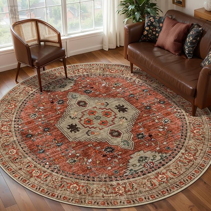 Tangsoo Washable Round Area Rugs 6ft, Boho Non Slip Large Circle Rug | Oriental Soft Low Pile Circular Rugs, Vintage Large Round Rugs Carpet for Living Room Bedroom Dining Room Office Terracotta