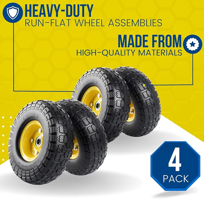 AR-PRO (4-Pack) 4.10/3.50-4" Flat Free Tire and Wheel - 10 Inch Solid Rubber Tires with 5/8" Bearings, 2.2" Offset Hub - Compatible with Garden Wagon Carts,Hand Truck,Wheelbarrow,Dolly,Utility Cart