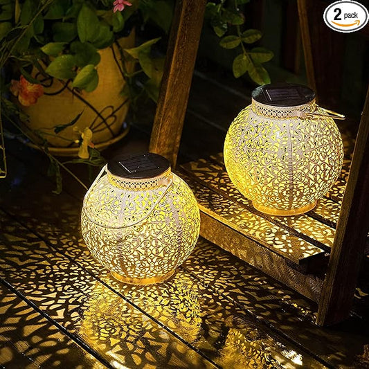 TAKE ME 2 Packs White Solar Lanterns Outdoor Waterproof Garden Laterns Metal Retro Lights for Mothers Gifts Mom Wife Grandma Birthday Gifts (White Set of 2)