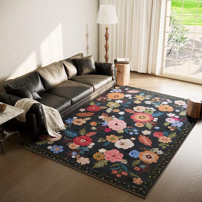 6x9 Area Rugs for Living Room: Washable Bedroom Rug Non Slip Low Pile Soft Faux Wool Non Shedding Vintage Floral Large Carpet for Dining Room Under Table Nursery Entryway Home Office Farmhouse Indoor