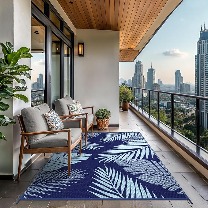 GENIMO Outdoor Rug 6' x 9' Waterproof for Patios Clearance, Reversible Outdoor Plastic Straw Camping Rug Carpet, Large Area Rugs Mats for RV, Camper, Deck, Balcony, Porch, Beach, Navy Blue&Pale Blue