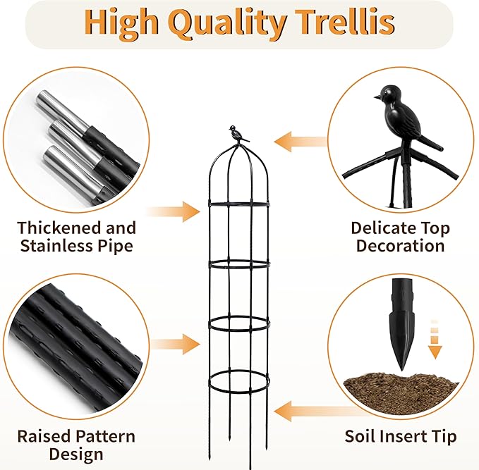 2 Pack Garden Obelisk Trellis for Climbing Plants Outdoor, 6FT Adjustable Metal Plant Support with 3 Decorative Tops, Black Rustproof Trellis for Roses, Tomatoes, Clematis & Vines